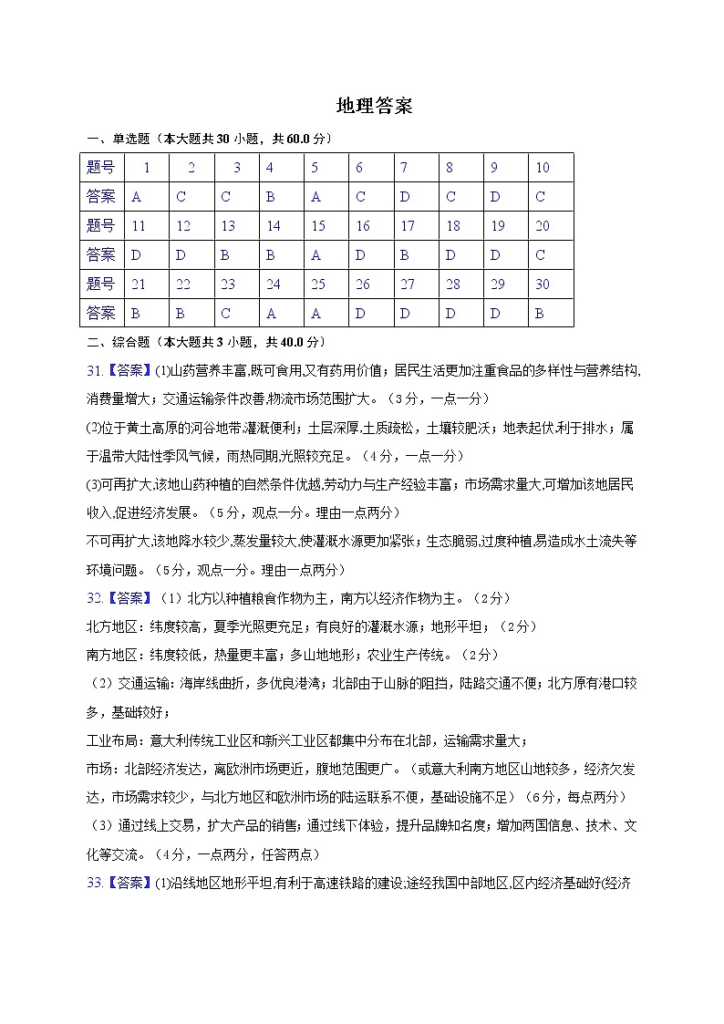 四川省广安市武胜烈面中学校2020-2021学年高一下学期期中考试地理答案第1页