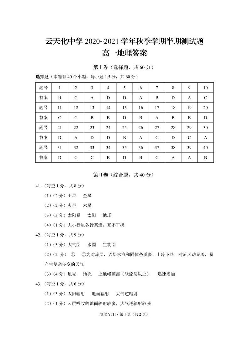 云天化中学2020~2021学年秋季学期半期测试题高一地理-答案第1页