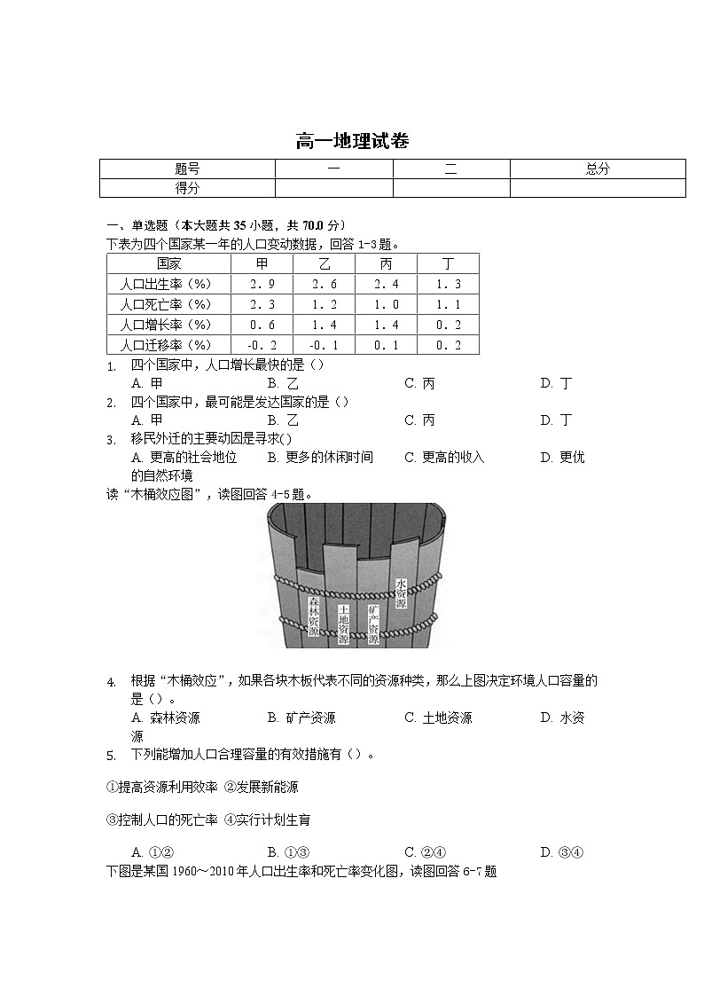 2020荆州北门中学高一下学期期末考试地理试卷含答案第1页