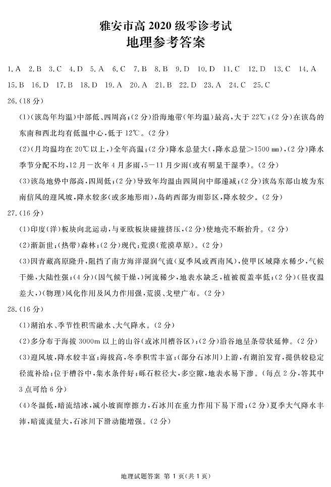 2022届四川省雅安市高三学业质量监测(零诊) 地理 (PDF版)01