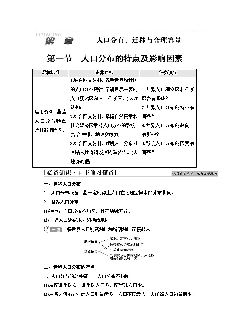 中图版高中地理必修第二册第1章第1节人口分布的特点及影响因素课件+学案+练习含答案01