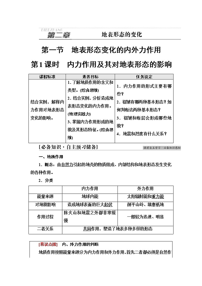 中图版高中地理选择性必修1第2章第1节第1课时内力作用及其对地表形态的影响课件+学案+练习含答案01