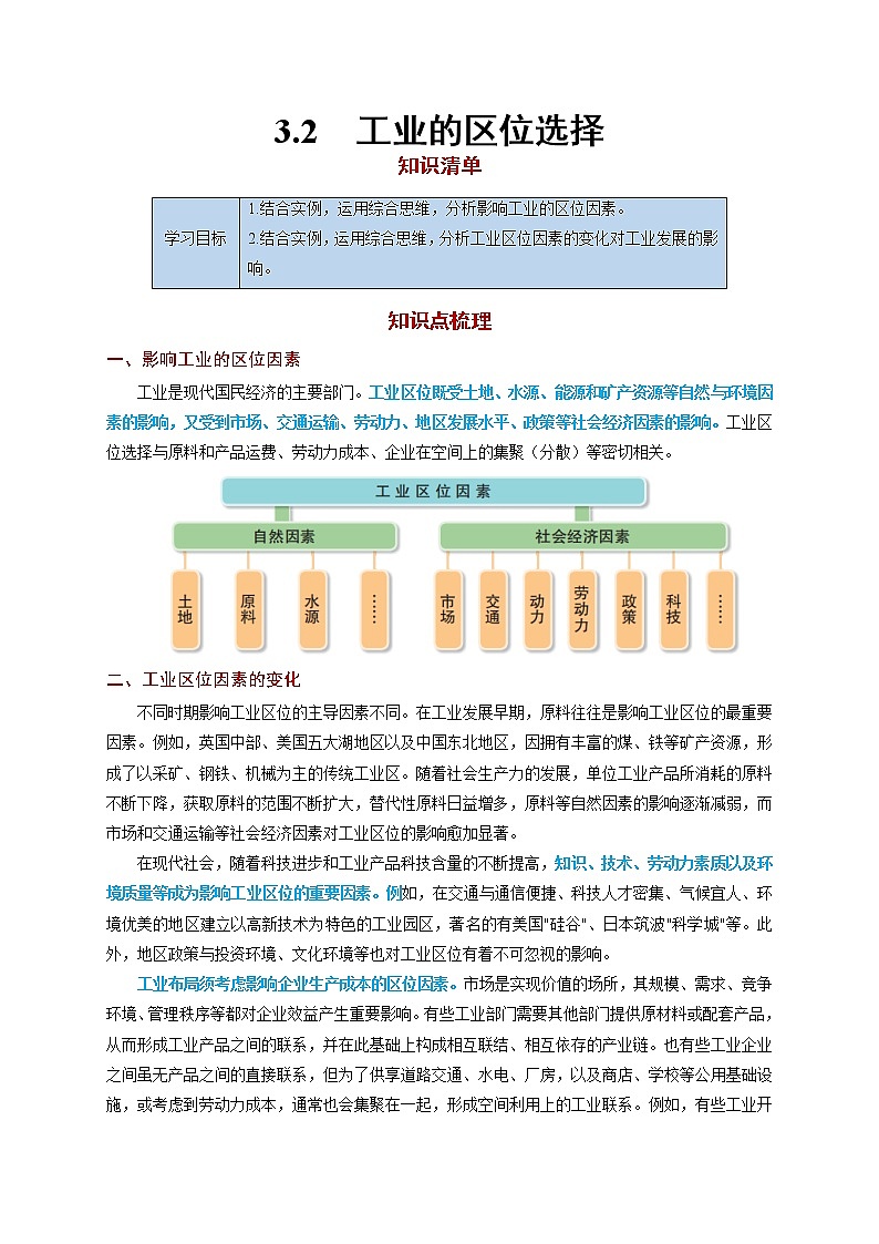 3.2 工业的区位选择【知识清单】-高一地理下学期同步课堂精讲练(鲁教版2019必修第二册)第1页