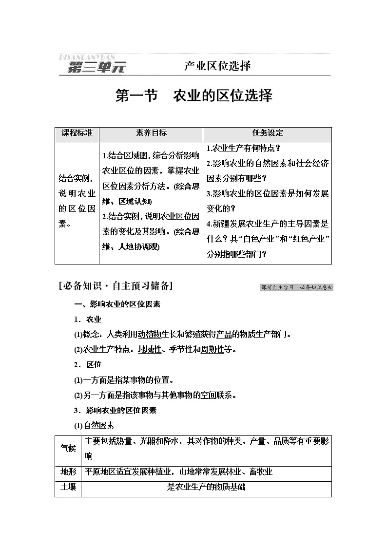 鲁教版高中地理必修第二册第3单元第1节农业的区位选择课件+学案+练习含答案01