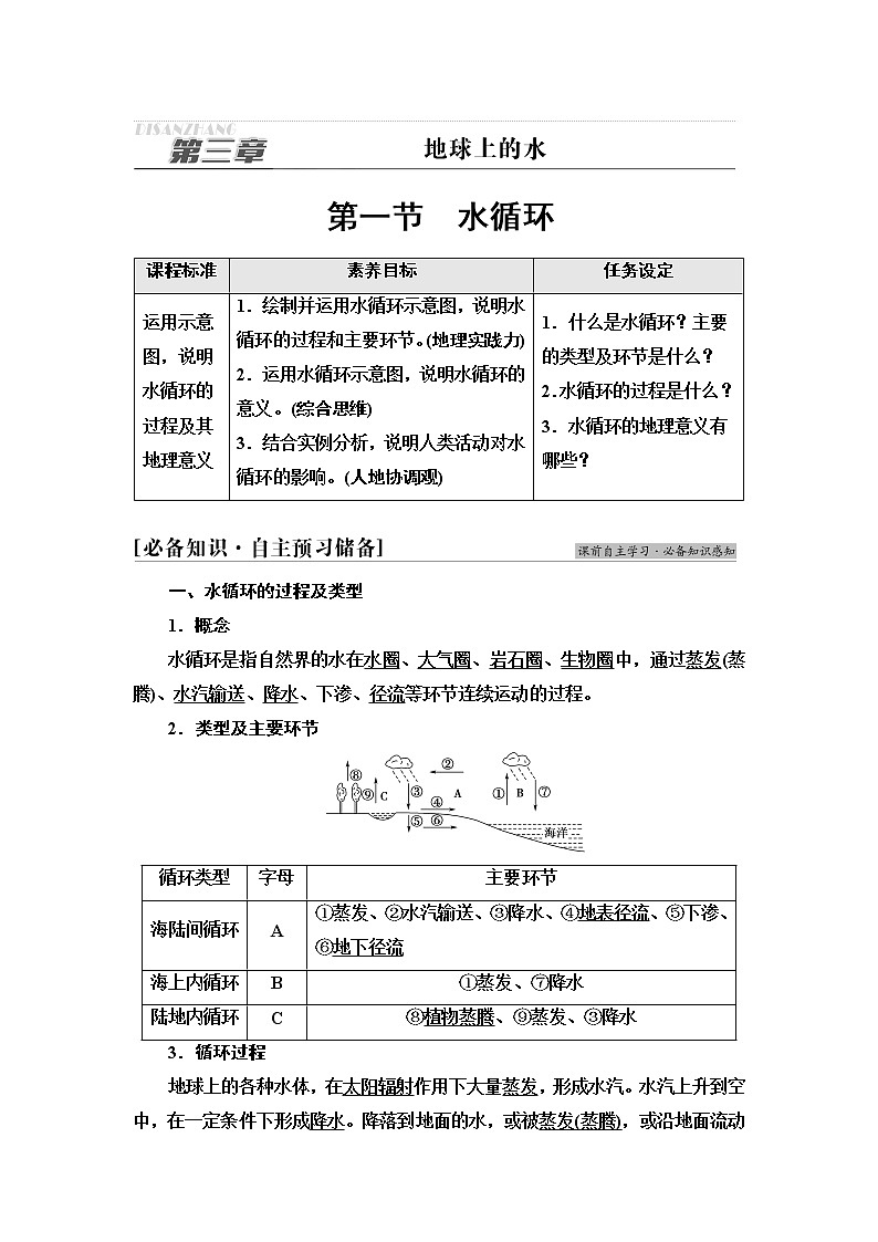 人教版高中地理必修第一冊第3章第1節(jié)水循環(huán)學案第1頁