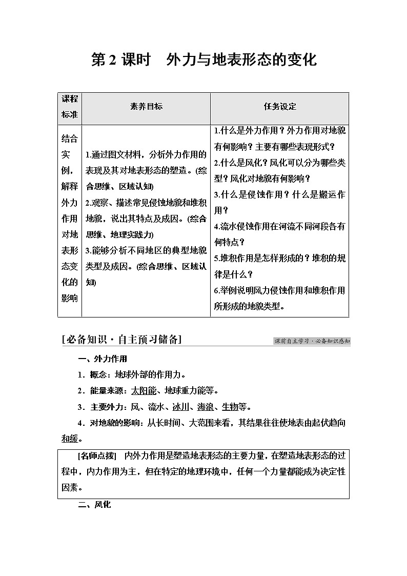 鲁教版高中地理选择性必修1第2单元第2节第2课时外力与地表形态的变化学案第1页