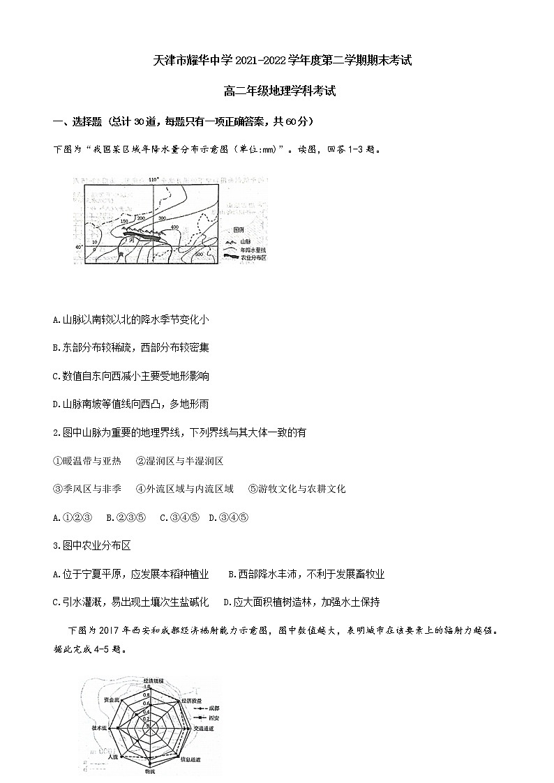 2021-2022学年天津市耀华中学高二下学期期末考试地理试题第1页