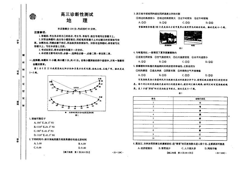 2023山东省高三上学期期中诊断性测试地理试题PDF版含答案01