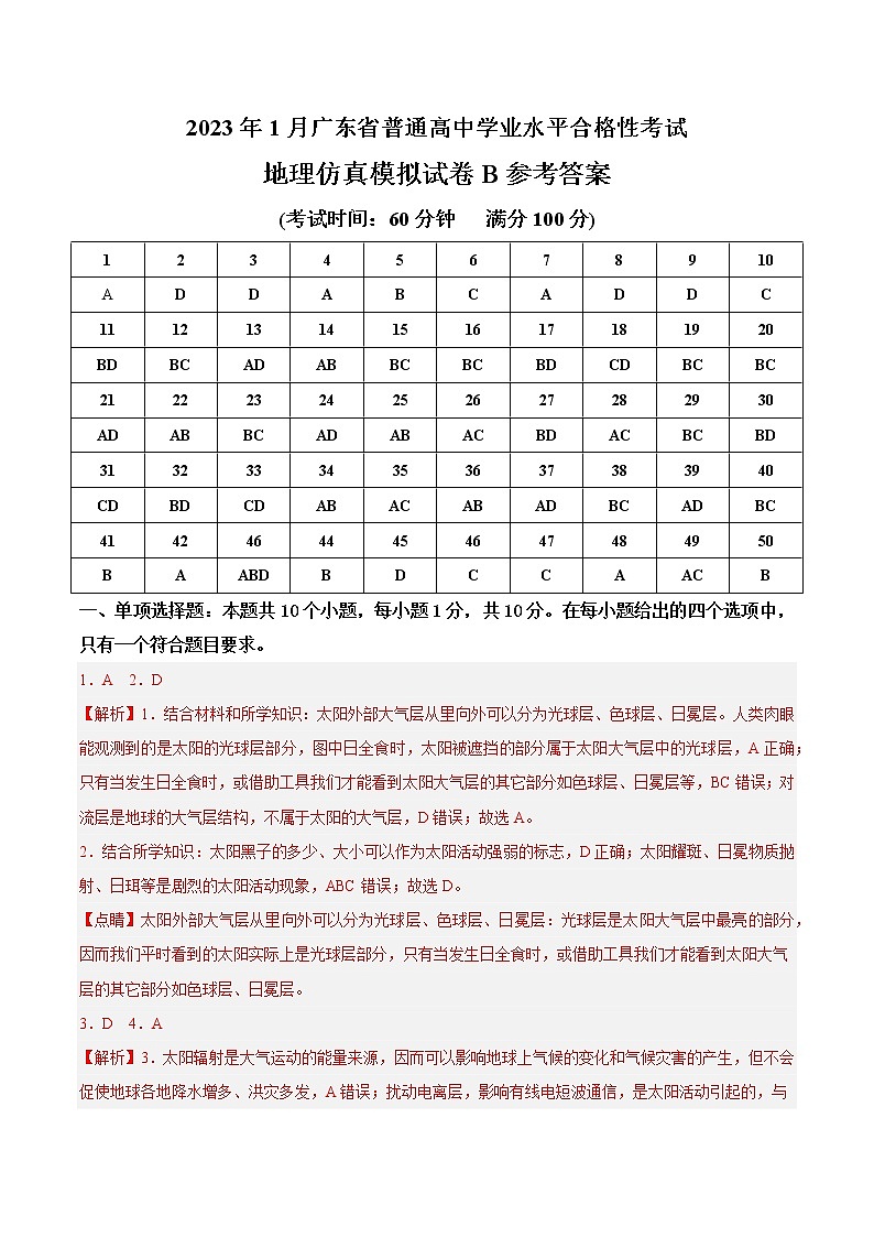 2023年1月广东省普通高中学业水平合格性考试地理仿真模拟试卷B01