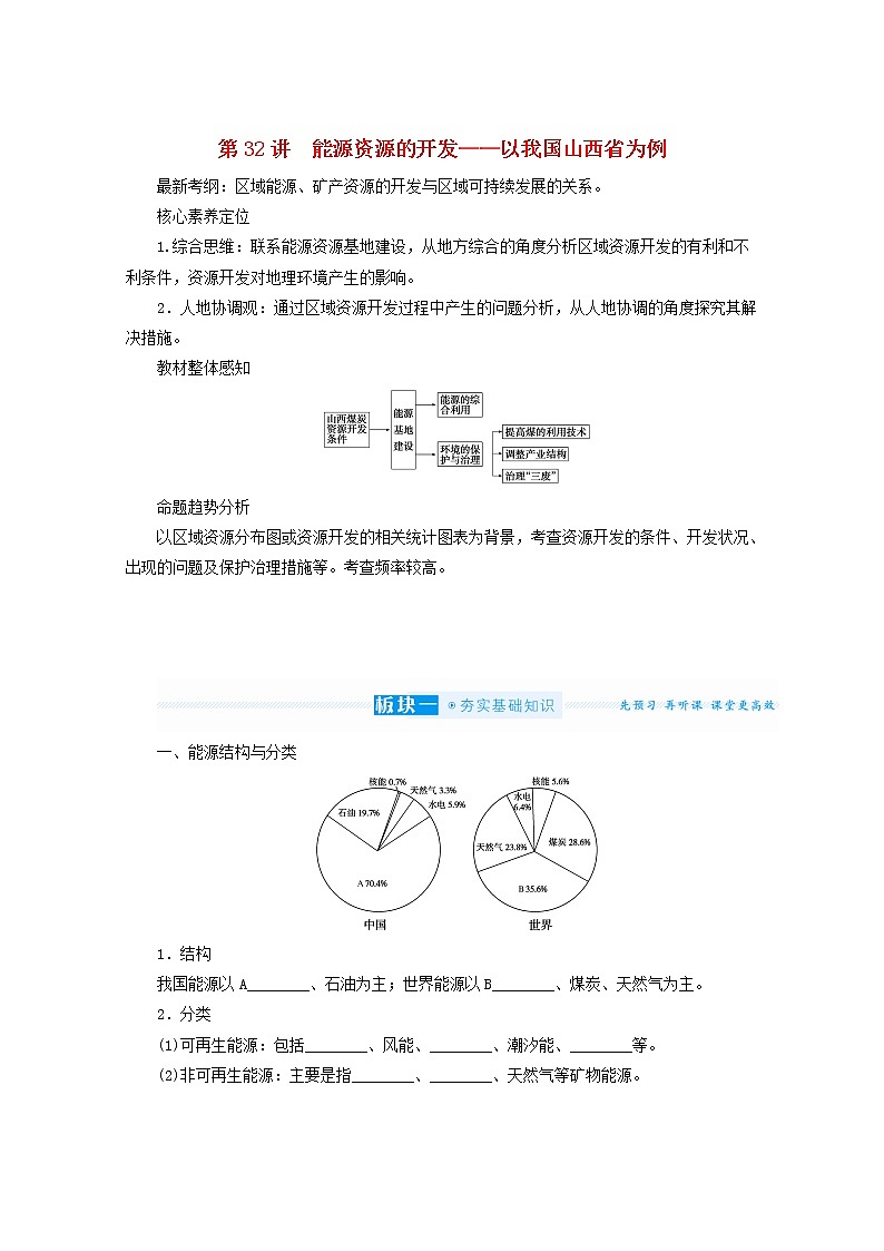 统考版2022届高考地理一轮复习第32讲能源资源的开发__以我国山西省为例学案第1页