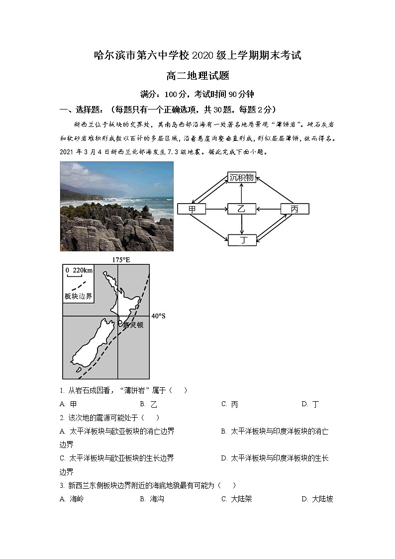 2021-2022學年黑龍江省哈爾濱市第六中學高二上學期期末地理含解析第1頁