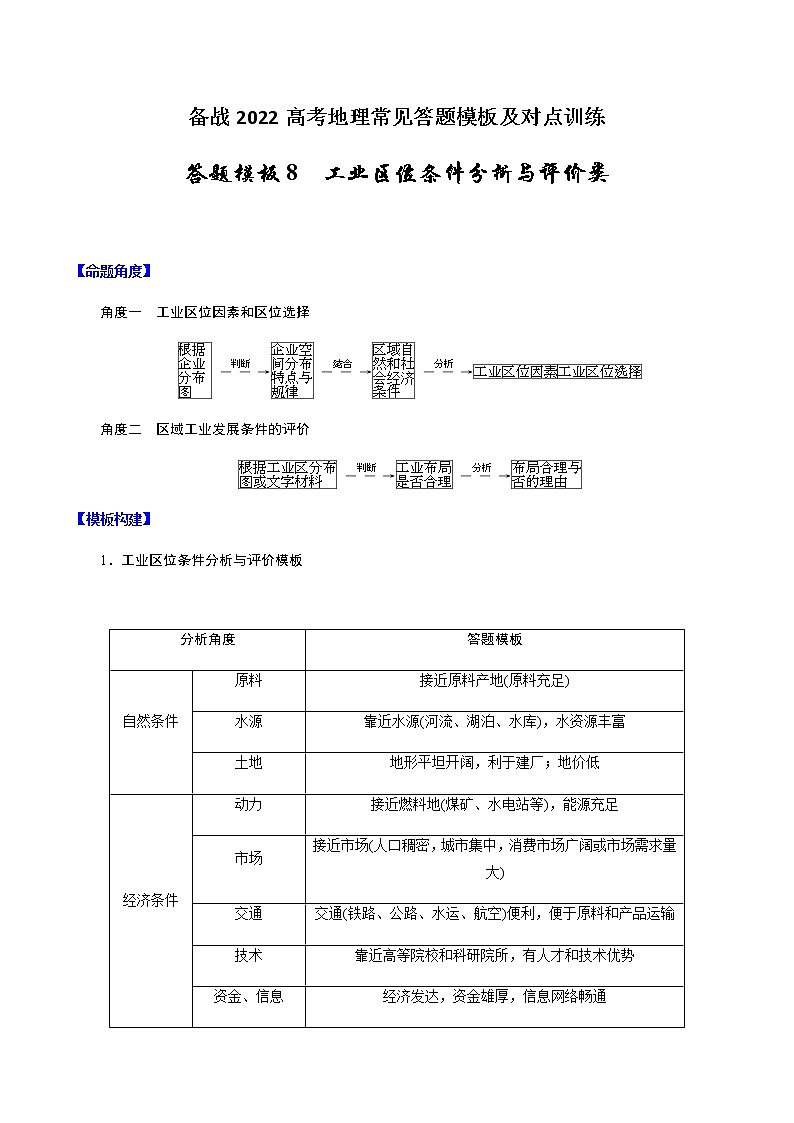 答题模板8 工业区位条件分析与评价类-备战2022高考地理常见答题模板及对点训练第1页