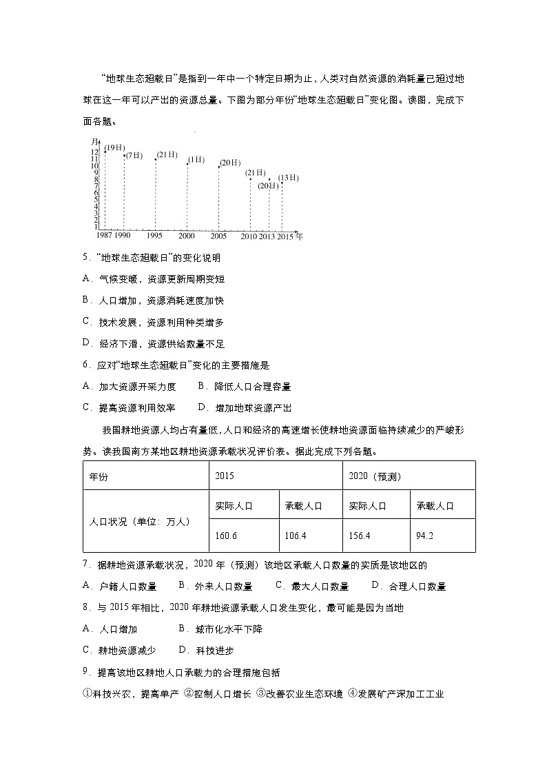 新高中地理高考 (新高考)2021届小题必练13 人口容量 学生版第3页