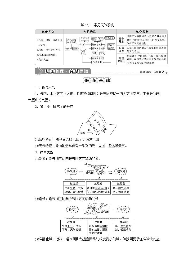新高中地理高考2021年高考地理一轮复习 第8讲 常见天气系统 试卷01