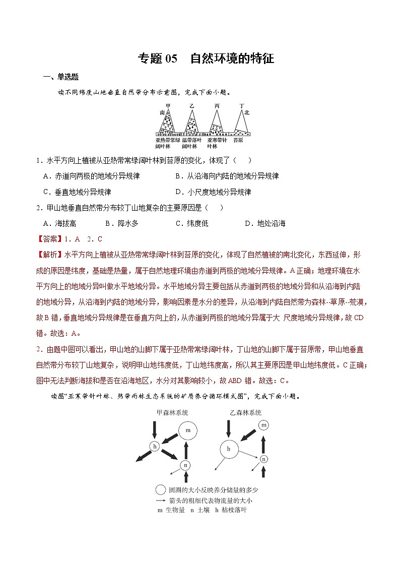 【期末专题复习】鲁教版(2019)地理选择性必修1、2——期末备考专题05:自然环境的特征01