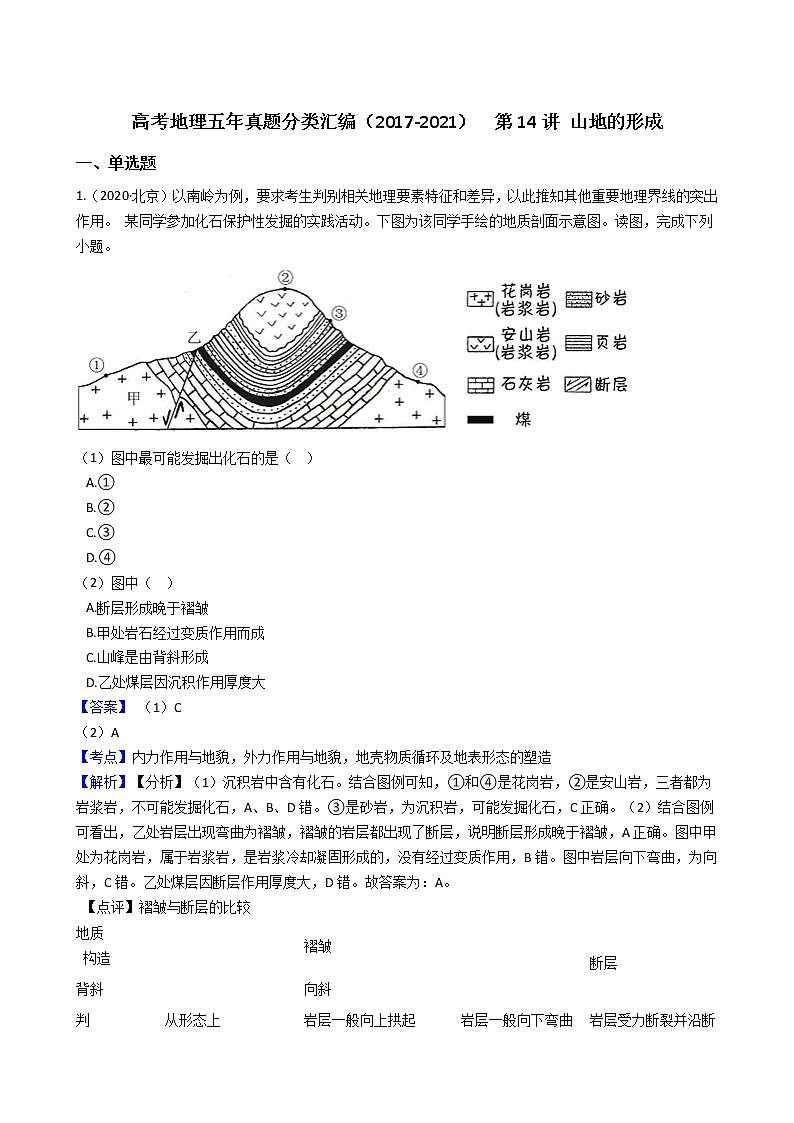 新高中地理高考高考地理五年真题分类汇编(2017-2021) 第14讲 山地的形成(教师版)01