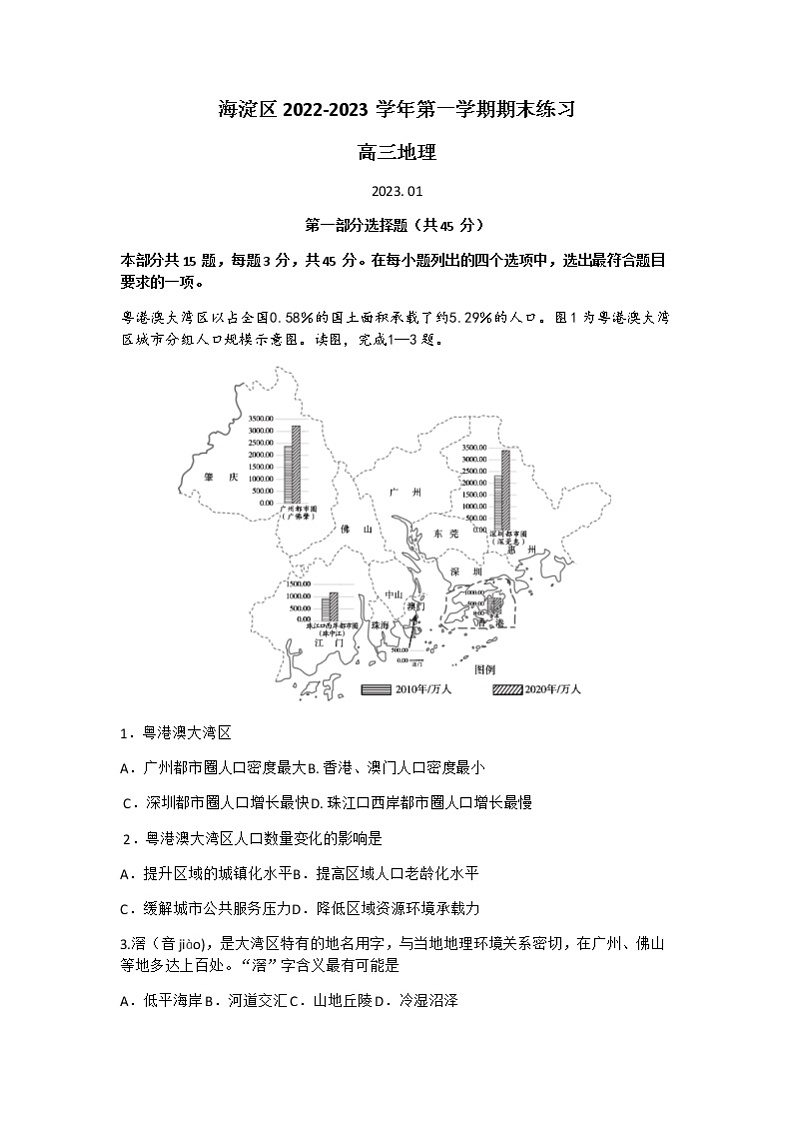 北京市海淀区2022-2023学年高三地理上学期1月期末练习(Word版附答案)01