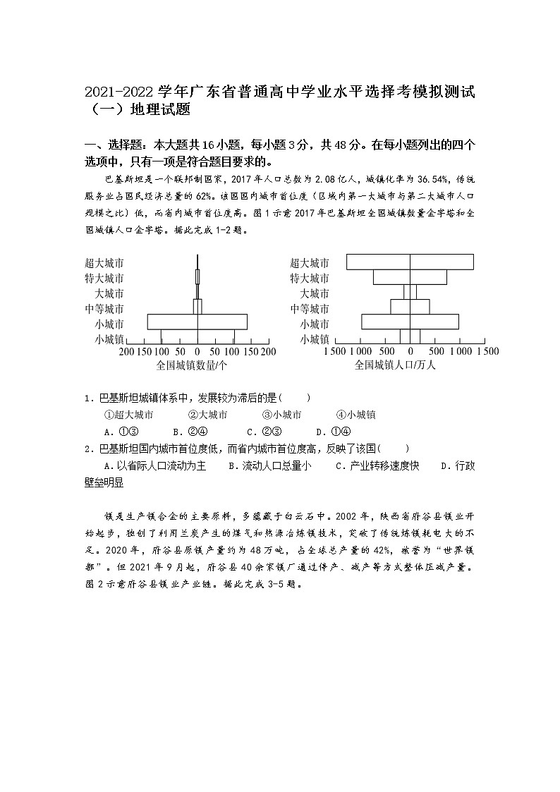 2021-2022学年广东省普通高中学业水平选择考模拟测试(一)地理试题(Word版)01
