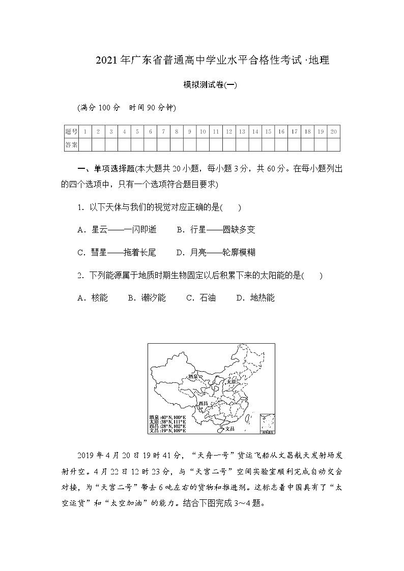 2021年广东省普通高中学业水平合格性考试·地理模拟测试题(一) 解析版01