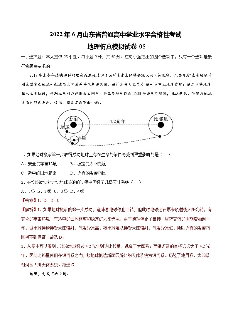 2022年6月山東省普通高中學業(yè)水平合格性考試地理仿真模擬試卷05（解析版）第1頁
