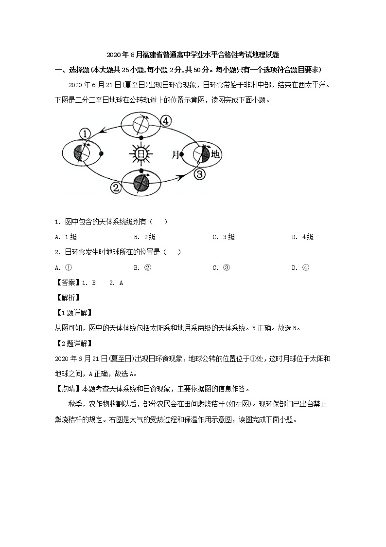 福建省2020年6月普通高中学业水平合格性考试地理试题 解析版01