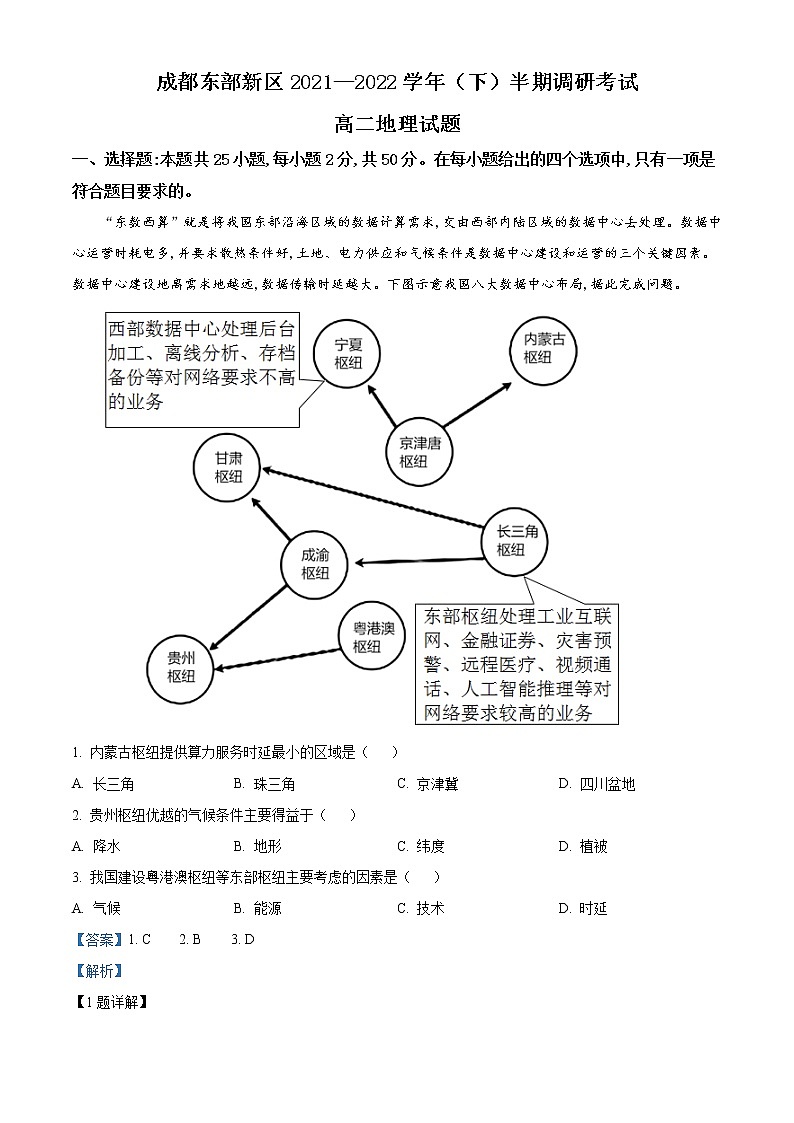 2021-2022学年四川省成都市东部新区高二下学期期中考试地理试题 (解析版)01