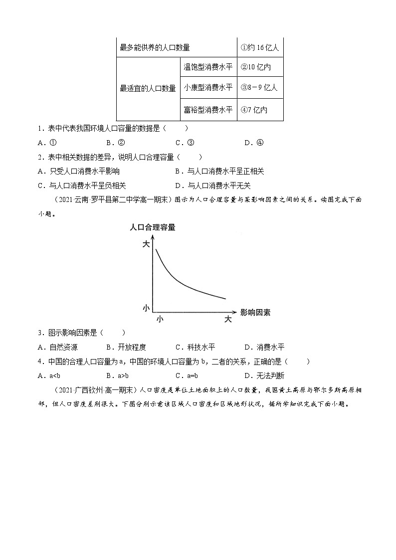 人教版(2019 )必修2  高一地理下学期期末考试好题汇编 ——人口容量(学生版)第2页