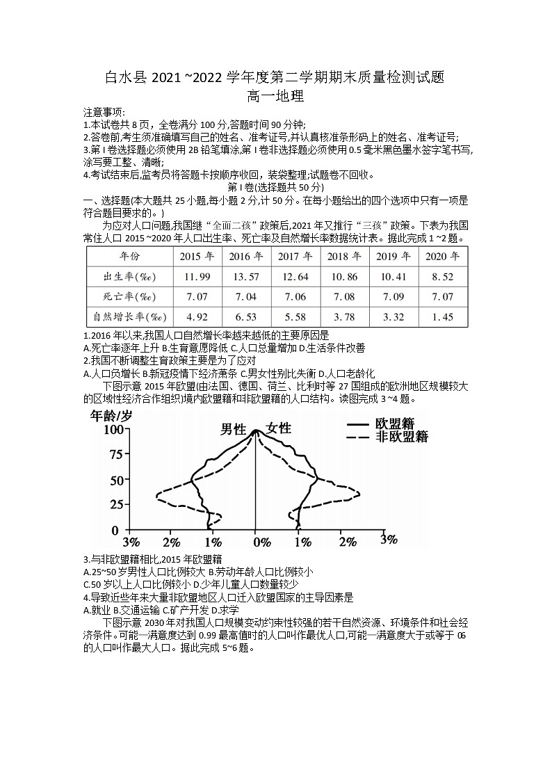 2021-2022学年陕西省渭南市白水县高一下学期期末质量检测地理试题(word版)01