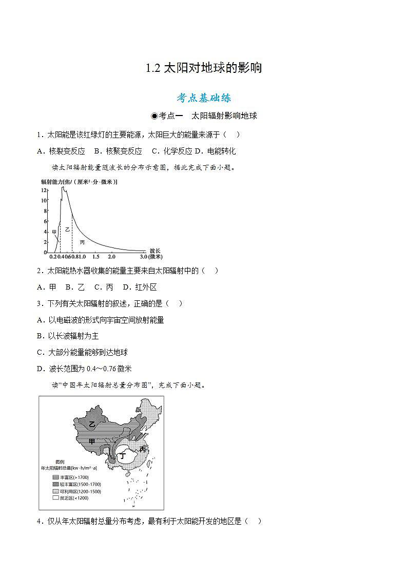 1.2太阳对地球的影响(同步练习)(原卷版)-【上好课】2022-2023学年高一地理选必修1同步备课系列(人教版2019)第1页