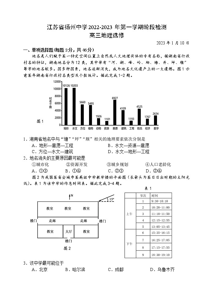 2023扬州中学高三上学期1月月考地理试题含答案01