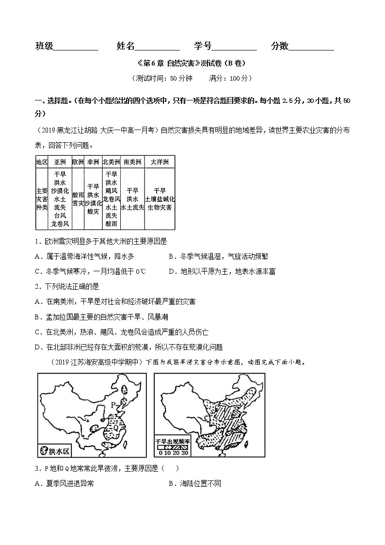 第06章 自然灾害(B卷提升篇)-2020-2021学年高一地理必修第一册同步单元AB卷(新教材人教版)01