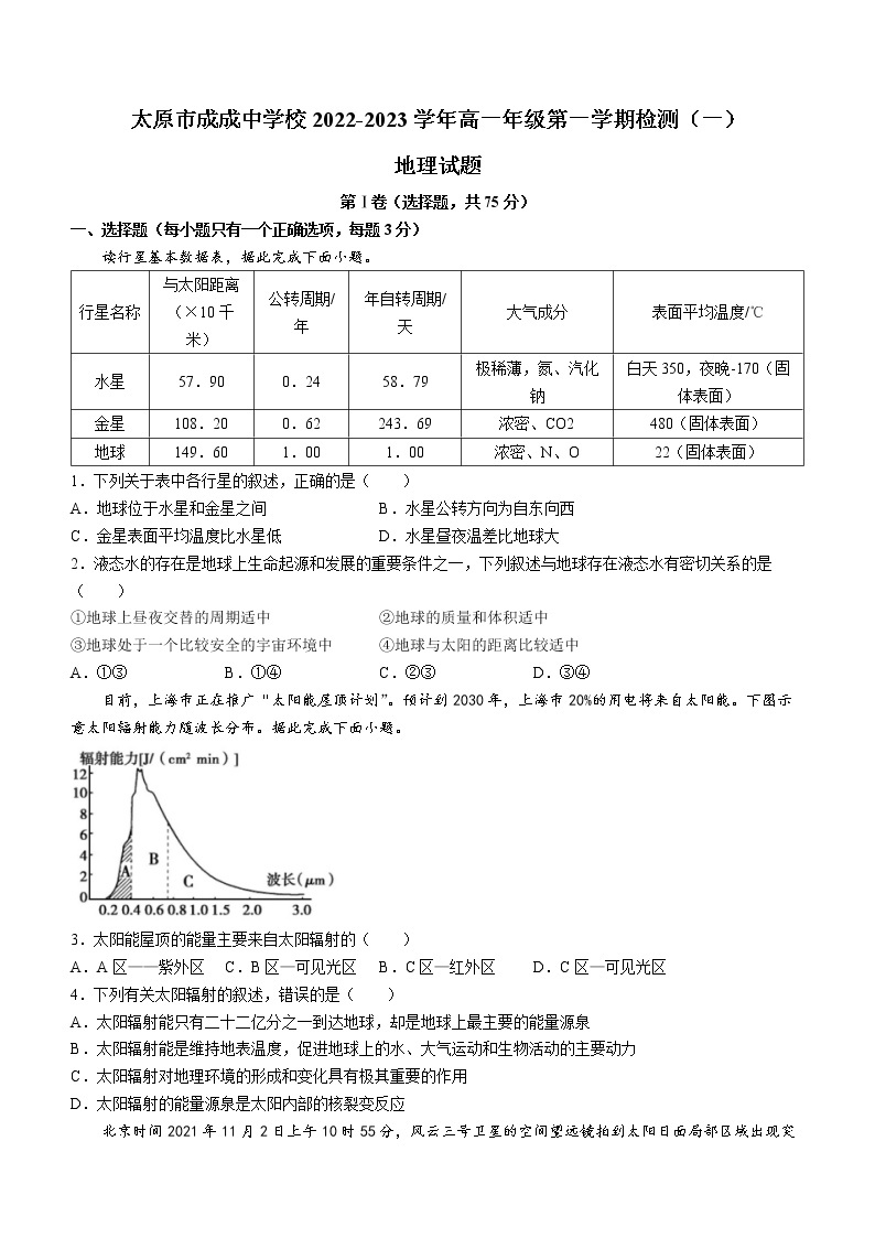 山西省太原市成成中学校2022-2023学年高一上学期检测 (一)地理试题01