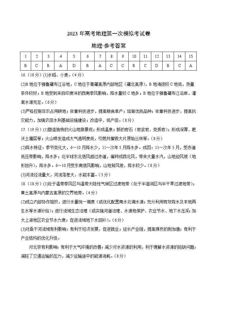 2023年高考第一次模拟考试卷:地理(天津A卷)(参考答案)第1页