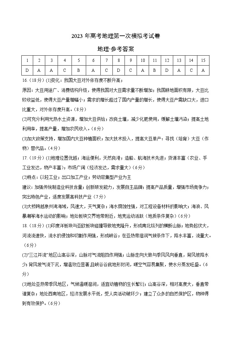 2023年高考第一次模拟考试卷:地理(天津C卷)(参考答案)第1页