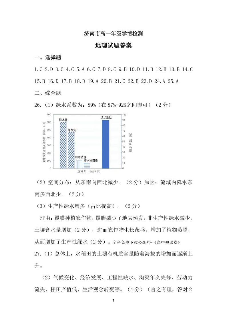 山东省济南市2022-2023学年高一上学期期末考试地理期末考试答案第1页