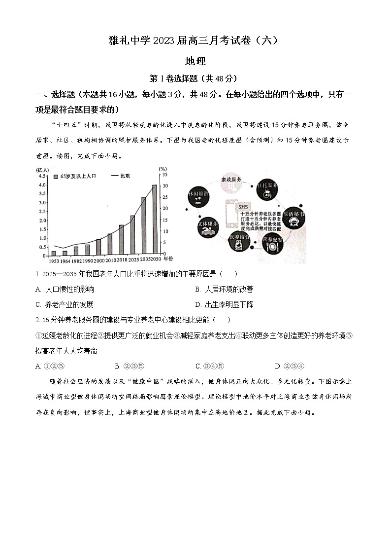 湖南省长沙市雅礼中学2022-2023学年高三下学期月考卷（六）地理试题01