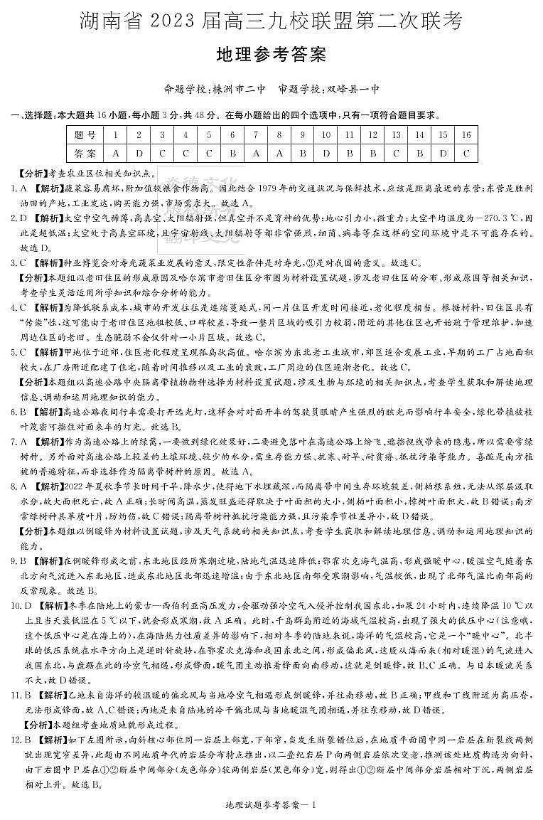 2023届湖南省长沙一中九校联盟高三下学期第二次联考地理试卷 PDF版01