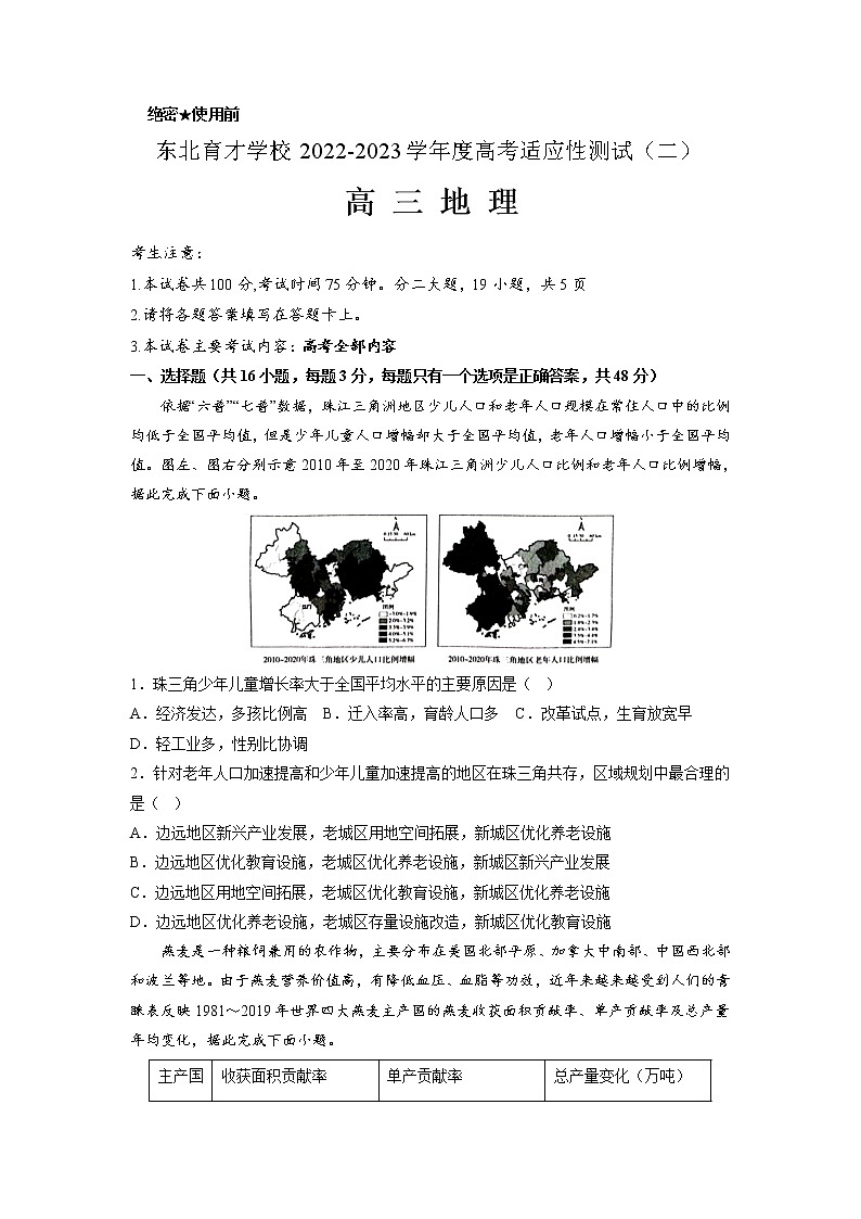 2022-2023学年辽宁省东北育才学校高三高考适应性测试(二)地理含解析01