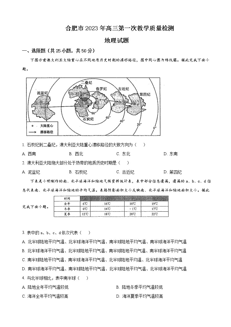 2022-2023學年安徽省合肥市高三下學期第一次教學質量檢測（一模）地理試題含解析第1頁