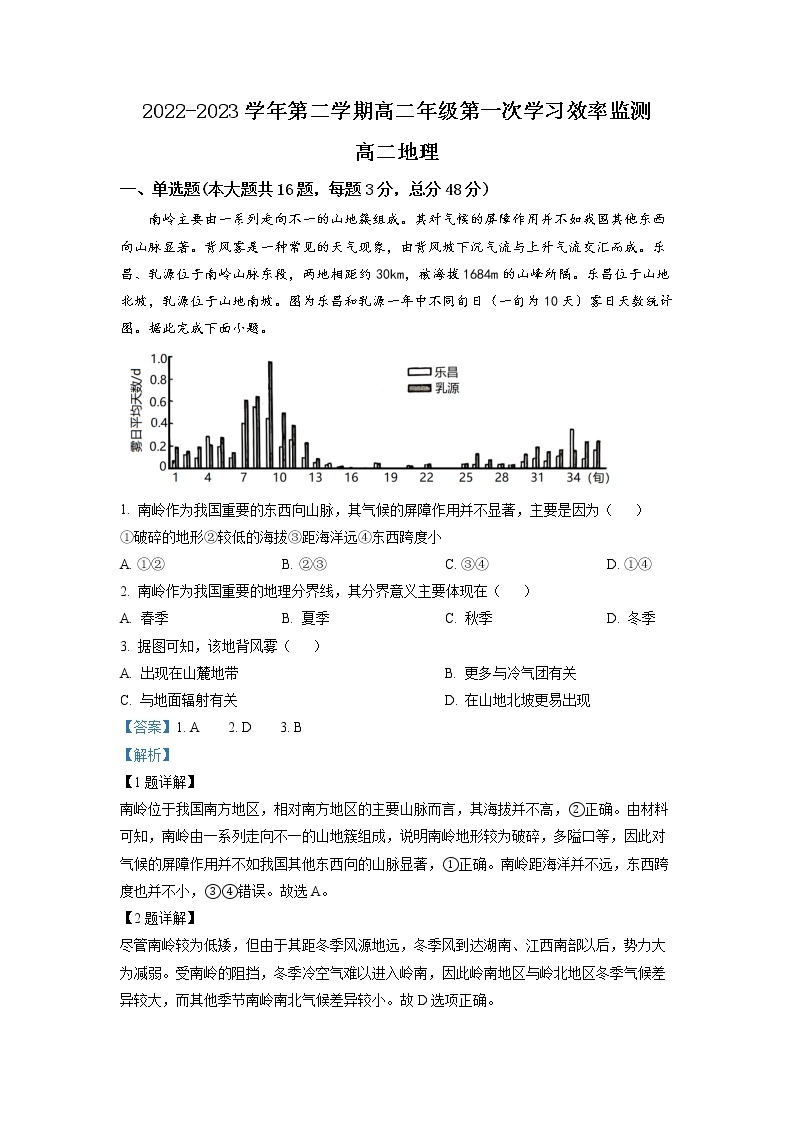 广东省东莞市东华高级中学2022-2023学年高二地理下学期第一次月考试题（Word版附解析）01