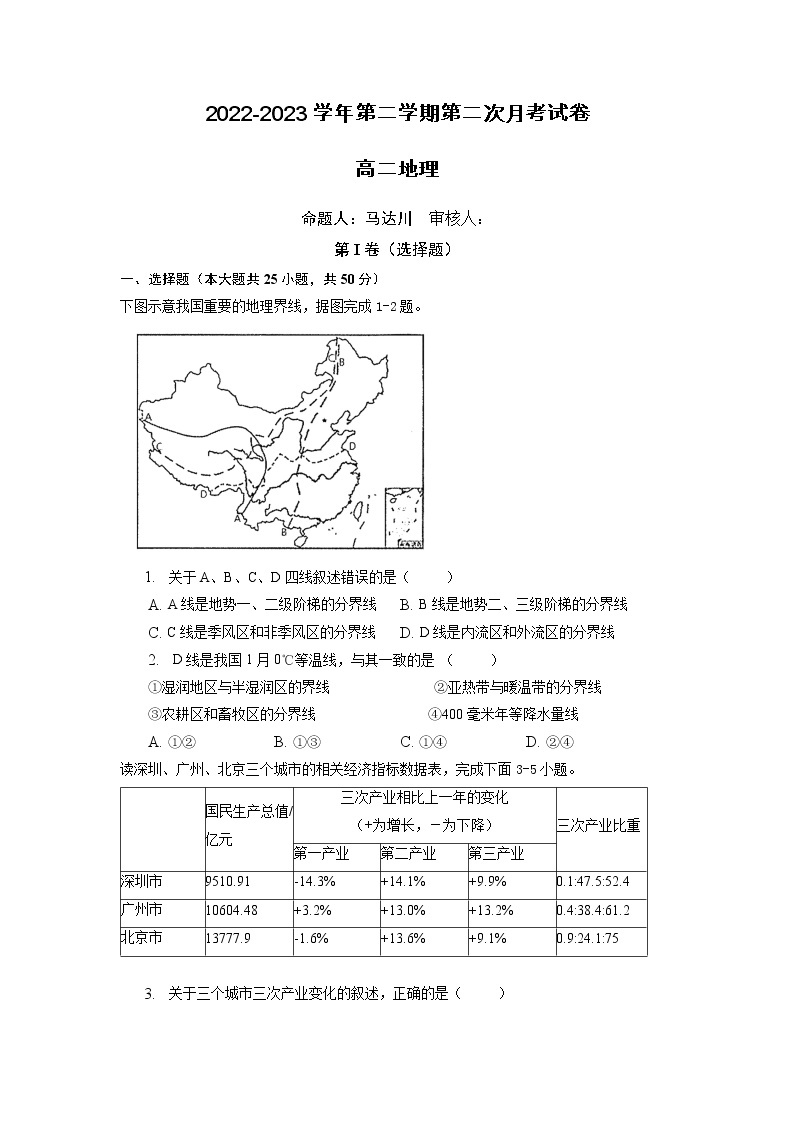 安徽省滁州市新锐私立学校2022-2023学年高二下学期第二次月考地理试卷01