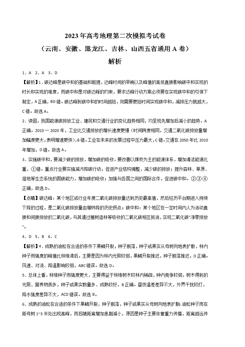 地理（云南、安徽、黑龙江、吉林、山西五省通用A卷）（全解全析）-2023年高考第二次模拟考试卷01