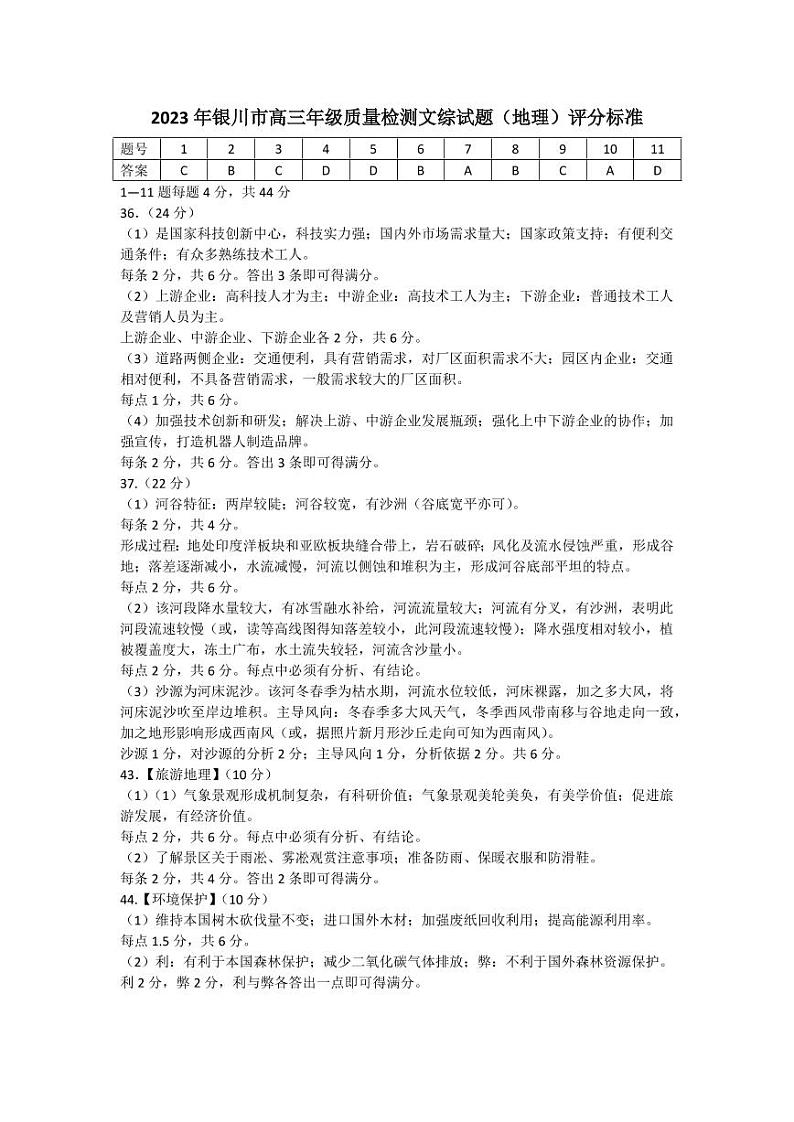 宁夏回族自治区银川市2023届高三学科教学质量检测(一模)地理 评分标准第1页