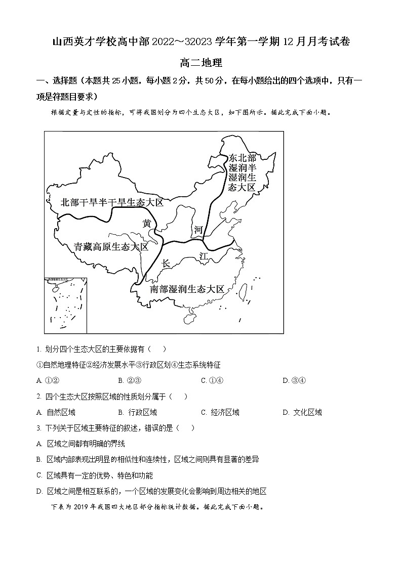 山西省太原市英才学校高中部2022-2023学年高二上学期12月月考地理试题第1页