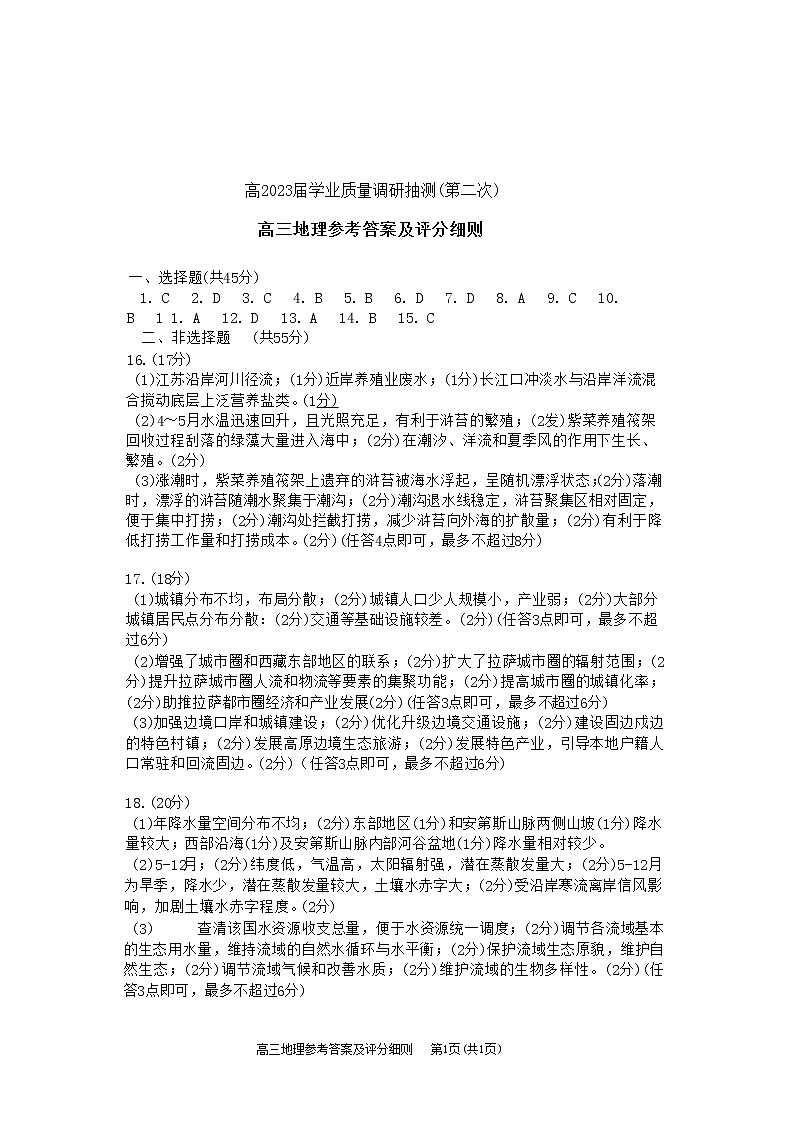 重庆主城区二诊高2023届学业质量调研抽测(第二次)地理参考答案第1页