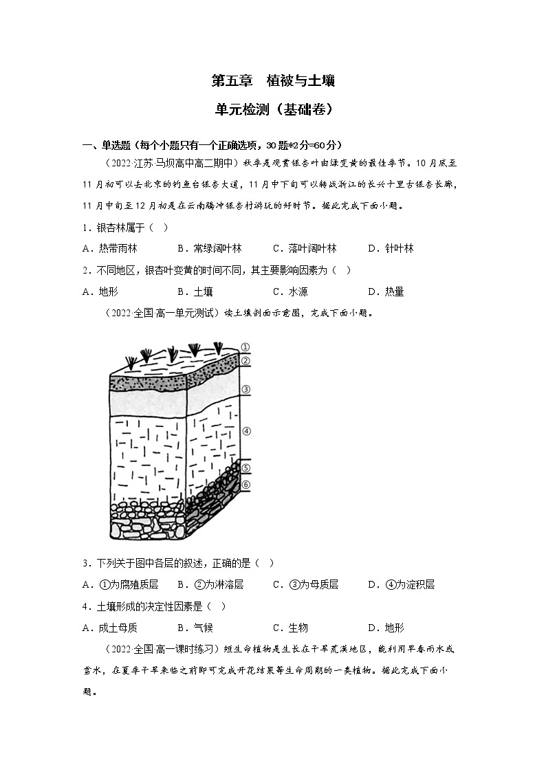 第五章 植被与土壤（基础卷）-2022-2023学年高一地理单元复习（人教版2019必修第一册）01