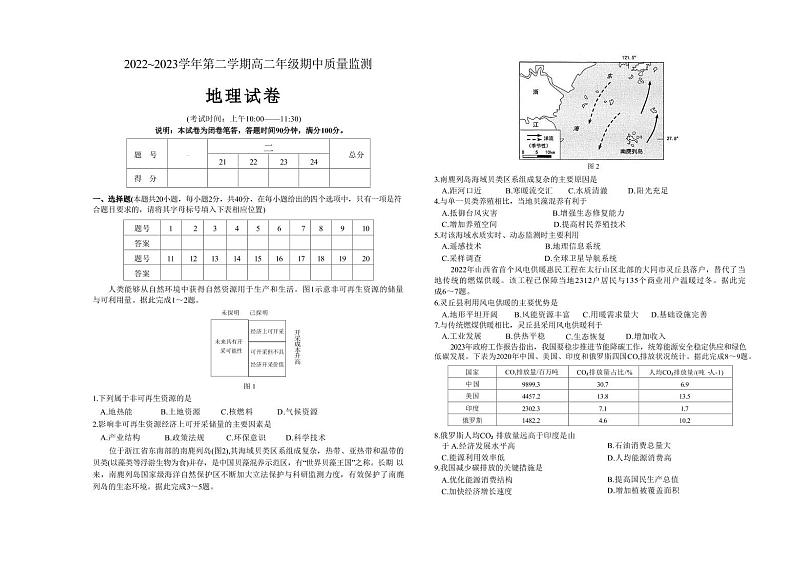 2022-2023学年山西省太原市第二学期高二年级下学期4月期中地理试卷PDF版含答案01