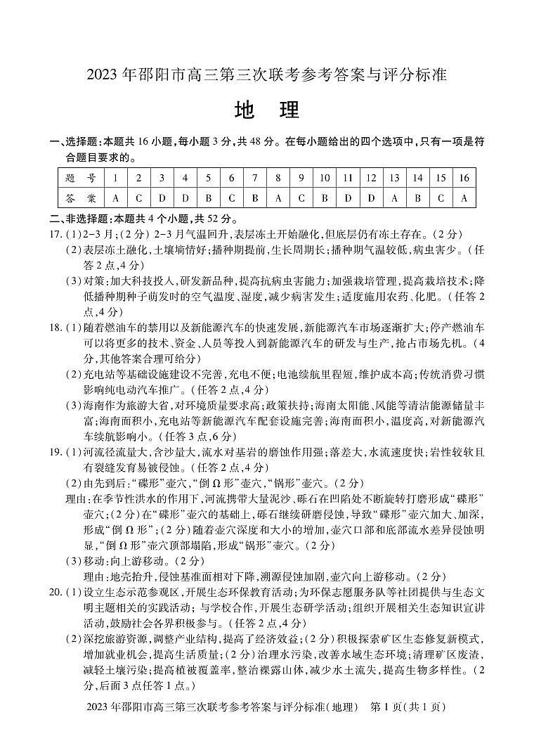 2023届湖南省邵阳市高三第三次联考(三模)地理试题01