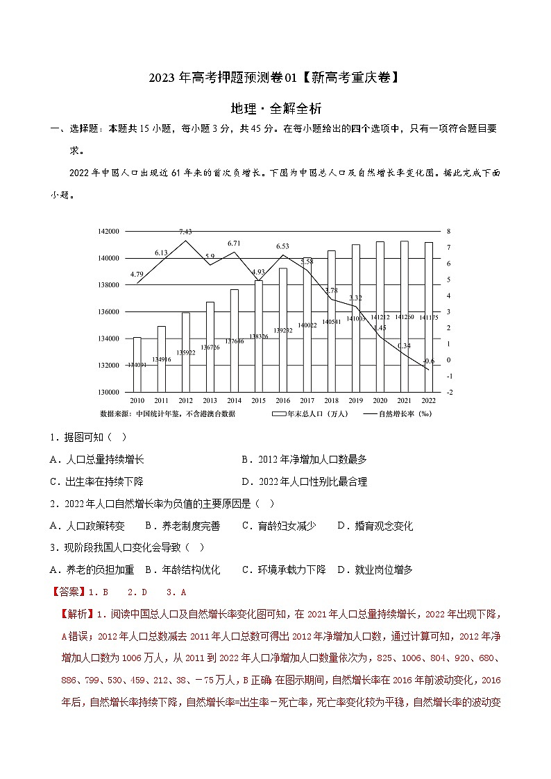 2023年高考押题预测卷01(新高考重庆卷)-地理(全解全析)第1页