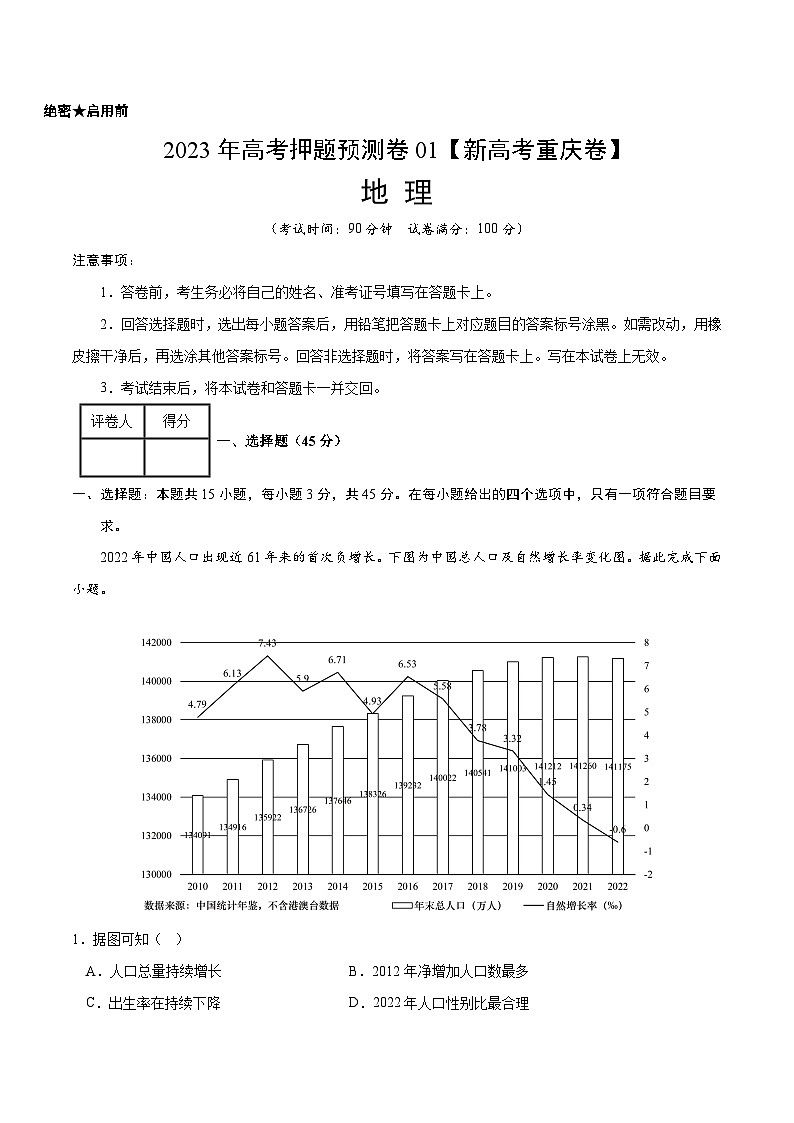 2023年高考押题预测卷01(新高考重庆卷)-地理(考试版)A4(1)01